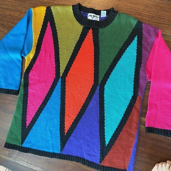 Vintage Oversized Multicolored Diamond Colorblock Rainbow Sweater - Picture 1 of 6